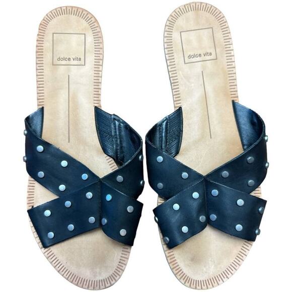 Dolce Vita Black Leather Studded Flat Slide Sandals Women's Size 8 - Picture 1 of 8